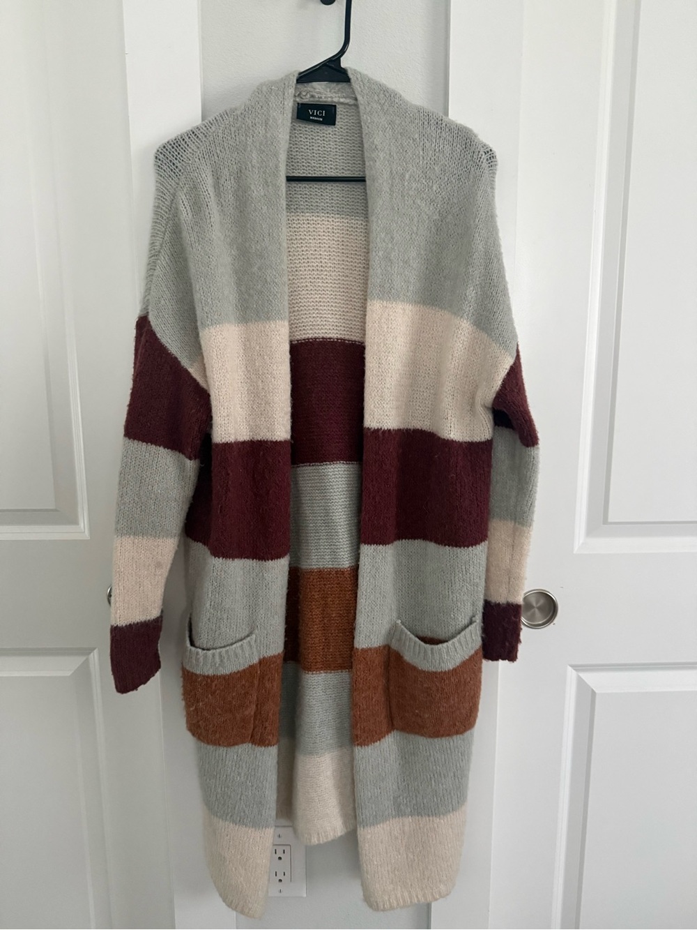 Vici Open-Front Striped Cardigan in Gray, Cream, Maroon & Brown